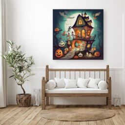 "Warren Reed - Designer Illustrations A Whimsical Haunted House Canvas in Orange - Size: W30"" x H30""" - thumbnail 3