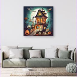 "Warren Reed - Designer Illustrations A Whimsical Haunted House Canvas in Orange - Size: W30"" x H30""" - thumbnail 4