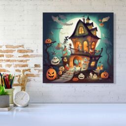 "Warren Reed - Designer Illustrations A Whimsical Haunted House Canvas in Orange - Size: W30"" x H30""" - thumbnail 2