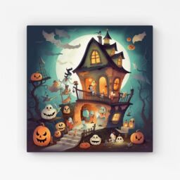 "Warren Reed - Designer Illustrations A Whimsical Haunted House Canvas in Orange - Size: W30"" x H30""" - thumbnail 1