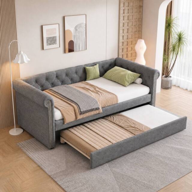 Merax 3ft Single Velvet Upholstered Daybed Sofa Bed with Pull-Out Trundle in Grey - image 1