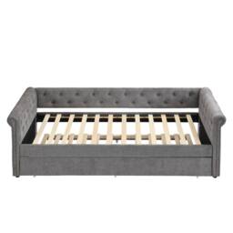 Merax 3ft Single Velvet Upholstered Daybed Sofa Bed with Pull-Out Trundle in Grey - thumbnail 7