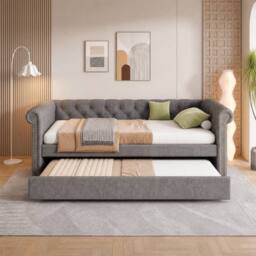 Merax 3ft Single Velvet Upholstered Daybed Sofa Bed with Pull-Out Trundle in Grey - thumbnail 4