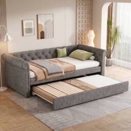 Merax 3ft Single Velvet Upholstered Daybed Sofa Bed with Pull-Out Trundle in Grey - thumbnail 3