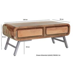 Indian Hub Aspen 2 Drawer Coffee Table - Metal/Wood - L55 x W110 x H45 cm in Brown - thumbnail 2