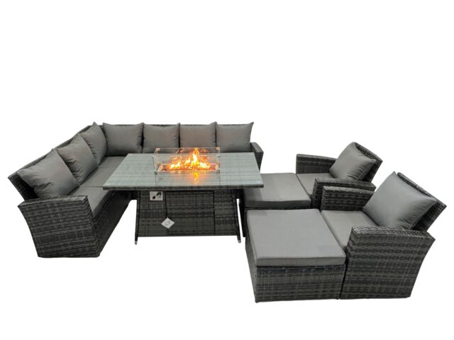 Fimous Rattan Outdoor Gas Firpit Table Sofa Set with 2 Big Stools 2 Chairs in Dark Grey - image 1