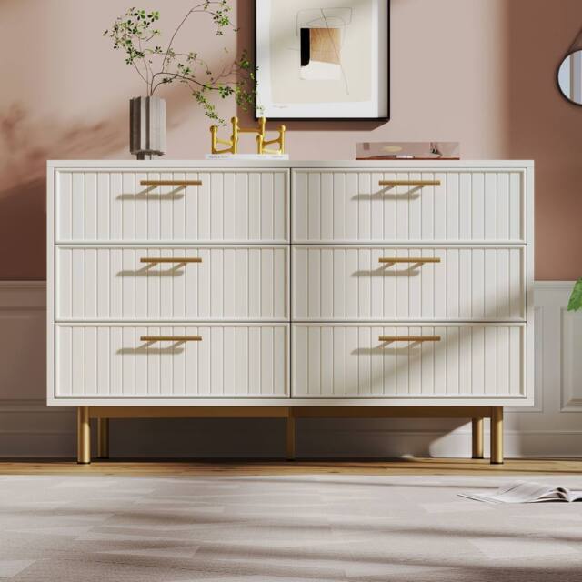Merax White Fluted 6 Drawer Chest Of Drawers with Gold Handles - image 1