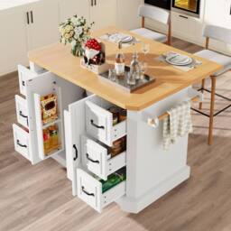 Rolipo 120cm Mobile Kitchen Island Cart with 6 Drawers & 2 Doors in White - thumbnail 5
