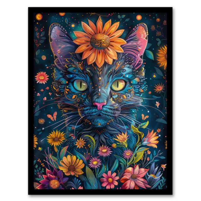 Artery8 Wall Art Print Mystic Cat in Flowers Hippy Night Abstract Animal Art Framed Poster in Black - Size: A4 - image 1