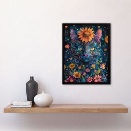 Artery8 Wall Art Print Mystic Cat in Flowers Hippy Night Abstract Animal Art Framed Poster in Black - Size: A4 - thumbnail 4