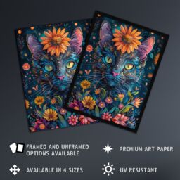 Artery8 Wall Art Print Mystic Cat in Flowers Hippy Night Abstract Animal Art Framed Poster in Black - Size: A4 - thumbnail 2