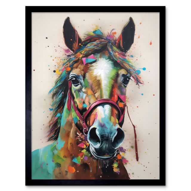 "Artery8 Wall Art Print Horse Multicoloured Spray Paint & Oil Painting Art Framed - Size: W12"" x H16""" - image 1