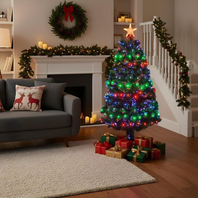 Shatchi 4Ft/120cm Multicolour 8 Modes Fibre Optic Christmas Tree LED Pre-Lit in Green - Size: 4ft - image 1