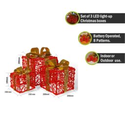 Pegdev Festive Set of 3 Red LED Xmas Boxes Battery Operated Timer 8 Patterns 60 LEDs - thumbnail 2