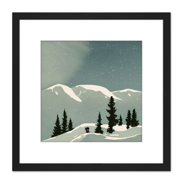 Artery8 Calm Starry Night Snow Covered Mountain Landscape Winter Scene Watercolour Painting Square Wooden Framed Wall Art Print Picture 8X8 Inch - image 1