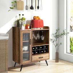 Costway Wine Cabinet Wooden Buffet Sideboard w/ Removable Wine Rack in Brown - thumbnail 3