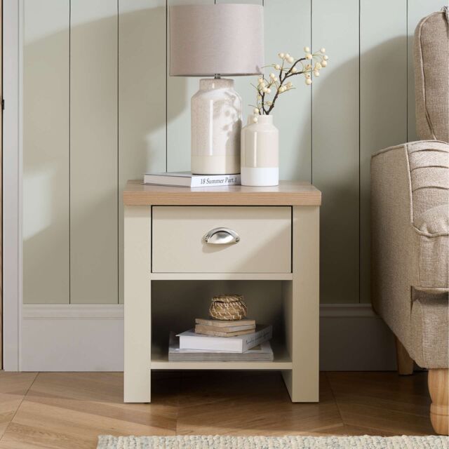 Birlea Lamp Table Grey Highgate 1 Drawer & Oak Farmhouse Shabby Chic in Cream - image 1
