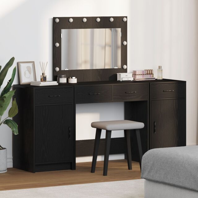 Berkfield Home 3-Piece Dressing Table Set with LED in Black Engineered Wood - image 1