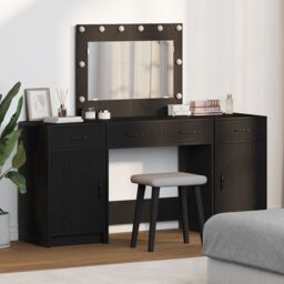 Berkfield Home 3-Piece Dressing Table Set with LED in Black Engineered Wood - thumbnail 1