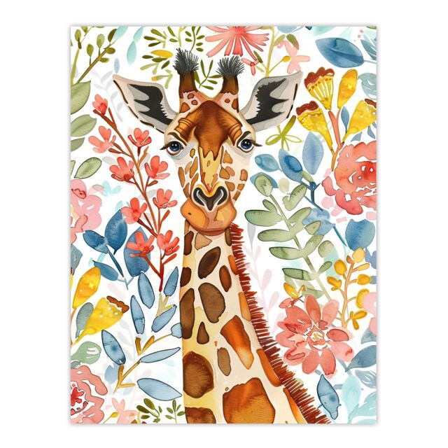 "Artery8 Giraffe Colourful Floral Watercolour Portrait Wall Art Print - Size: W18"" x H24""" - image 1