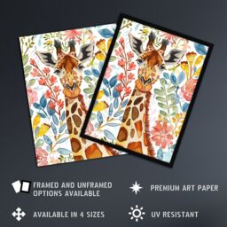 "Artery8 Giraffe Colourful Floral Watercolour Portrait Wall Art Print - Size: W18"" x H24""" - thumbnail 2