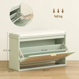 NESTLUNE Boho Shoe Bench with Padded Seat & Flip-Drawer, Light Green - Size: 100 cm x 15 cm - thumbnail 2