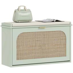 NESTLUNE Boho Shoe Bench with Padded Seat & Flip-Drawer, Light Green - Size: 100 cm x 15 cm - thumbnail 1