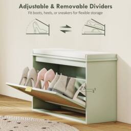 NESTLUNE Boho Shoe Bench with Padded Seat & Flip-Drawer, Light Green - Size: 100 cm x 15 cm - thumbnail 4