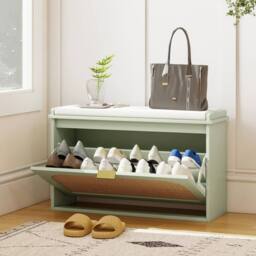 NESTLUNE Boho Shoe Bench with Padded Seat & Flip-Drawer, Light Green - Size: 100 cm x 15 cm - thumbnail 6