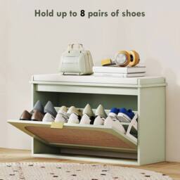 NESTLUNE Boho Shoe Bench with Padded Seat & Flip-Drawer, Light Green - Size: 100 cm x 15 cm - thumbnail 3