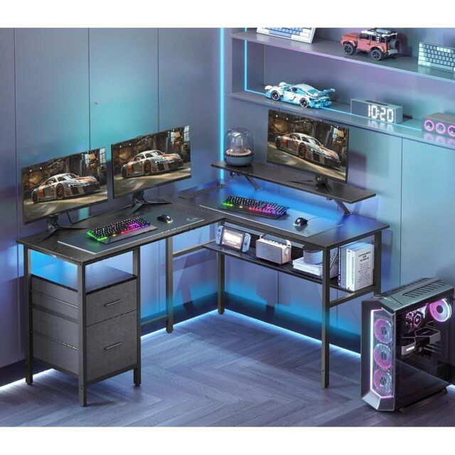 VASAGLE L-Shaped Gaming Desk Power Outlets LED Lights 2 Drawers USB Ports in Black - image 1