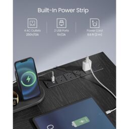 VASAGLE L-Shaped Gaming Desk Power Outlets LED Lights 2 Drawers USB Ports in Black - thumbnail 4