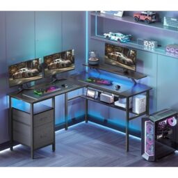 VASAGLE L-Shaped Gaming Desk Power Outlets LED Lights 2 Drawers USB Ports in Black - thumbnail 1