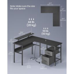 VASAGLE L-Shaped Gaming Desk Power Outlets LED Lights 2 Drawers USB Ports in Black - thumbnail 2
