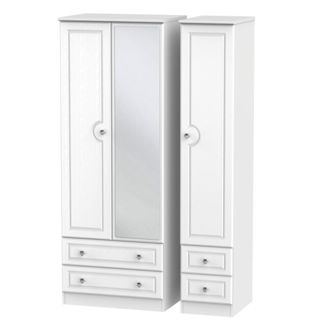 Ready Assembled 2 U Hilton Tall Triple 2 Drawer Mirror + Drawer Wardrobe (Ready Assembled) in White