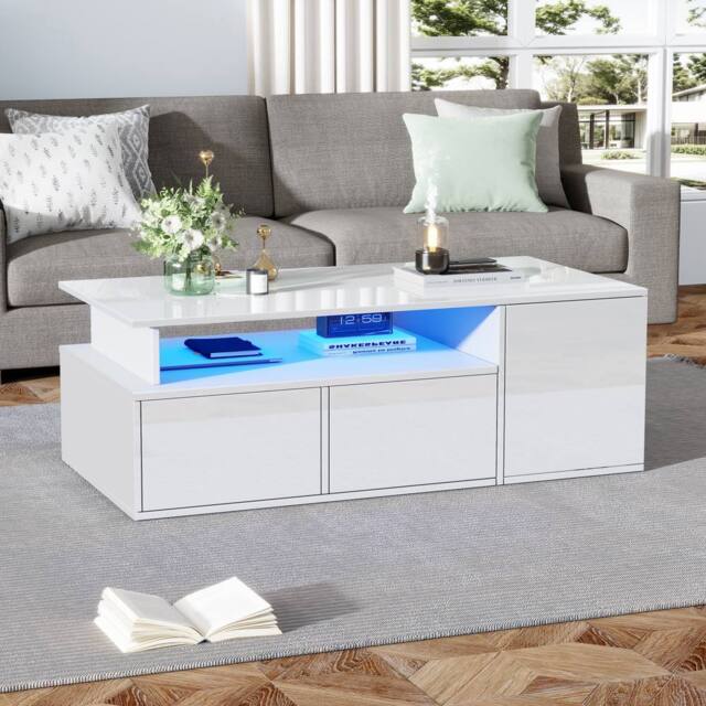 STILVORA Coffee Table 100cm with LED Lights & 2 Drawers White - image 1