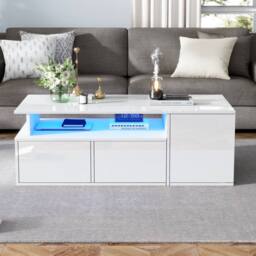 STILVORA Coffee Table 100cm with LED Lights & 2 Drawers White - thumbnail 3