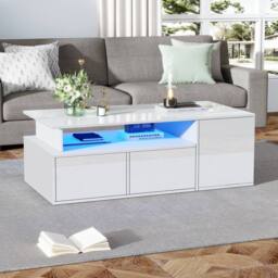 STILVORA Coffee Table 100cm with LED Lights & 2 Drawers White - thumbnail 1