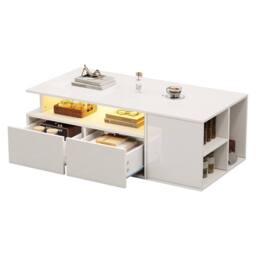 STILVORA Coffee Table 100cm with LED Lights & 2 Drawers White - thumbnail 6