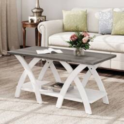 "Gymax 40"" Farmhouse Wooden Accent Table Coffee Table with Storage Shelf in White" - thumbnail 8
