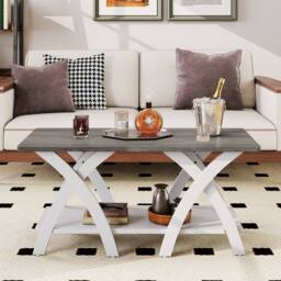 "Gymax 40"" Farmhouse Wooden Accent Table Coffee Table with Storage Shelf in White" - thumbnail 7