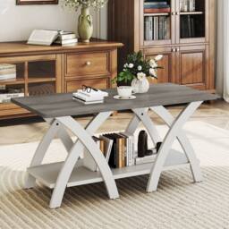 "Gymax 40"" Farmhouse Wooden Accent Table Coffee Table with Storage Shelf in White" - thumbnail 6