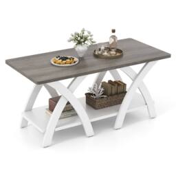 "Gymax 40"" Farmhouse Wooden Accent Table Coffee Table with Storage Shelf in White" - thumbnail 1