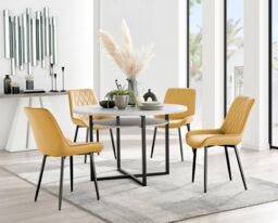 FurnitureboxUK Adley Grey Concrete Effect & Black Round Dining Table with Shelf & 4 Velvet Pesaro Dining Chairs in Mustard - thumbnail 1