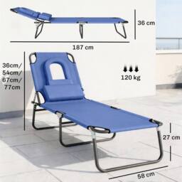Kelvenix Folding Sun Lounger Reclining Chair Pillow Reading Hole Blue - Size: 0.6m2 - thumbnail 2