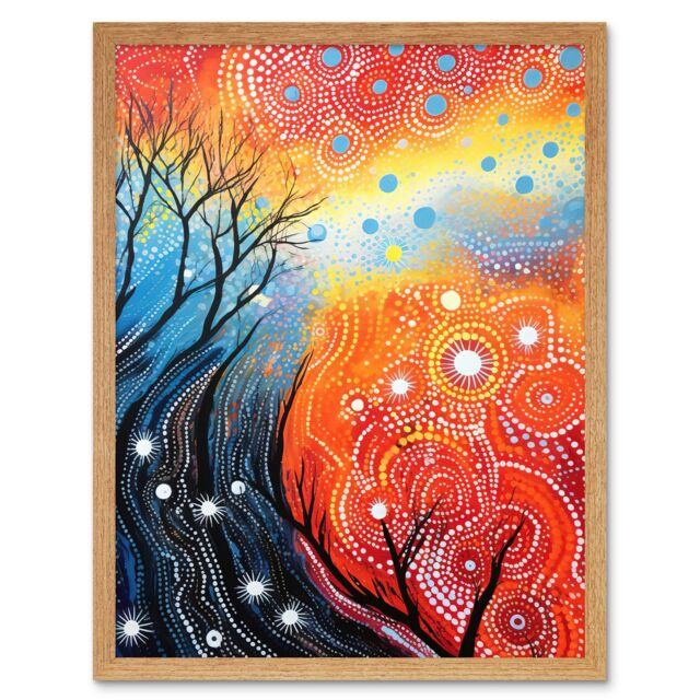 "Artery8 Wall Art Print Contemporary Aboriginal Artwork in Blue & Orange Vibrant Abstract Forest Trees & Stars Art Framed - Size: W12"" x H16""" - image 1