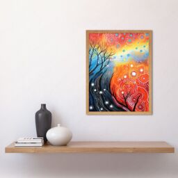 "Artery8 Wall Art Print Contemporary Aboriginal Artwork in Blue & Orange Vibrant Abstract Forest Trees & Stars Art Framed - Size: W12"" x H16""" - thumbnail 2