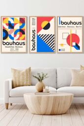 ARTZE Set of 3 Oak Framed Mid Century Bauhaus Exhibition Red Blue Yellow Wall Art - Size: W33 cm x H45 cm x D20mm