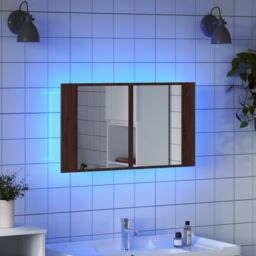 Berkfield Home LED Bathroom Mirror Cabinet Brown Oak 80x12x45 cm Acrylic - Size: 80 x 12 x 45 cm - thumbnail 4