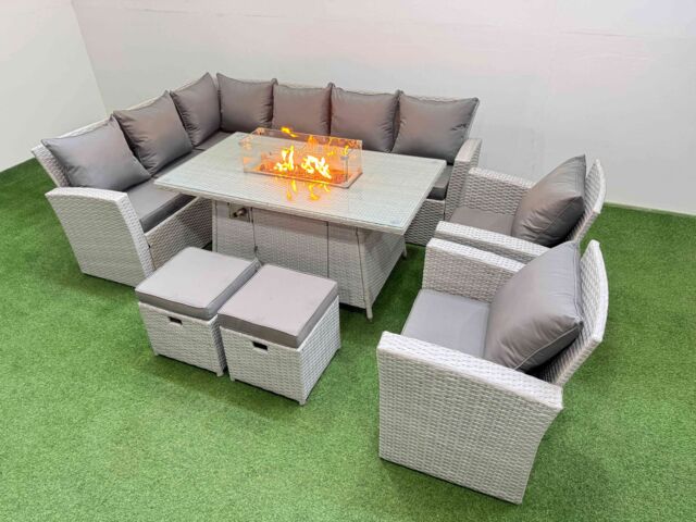 Fimous Rattan Corner Sofa Chair Set Gas Fire Pit Table with Temper Glass 2 Footstools Light Grey Mixed - image 1